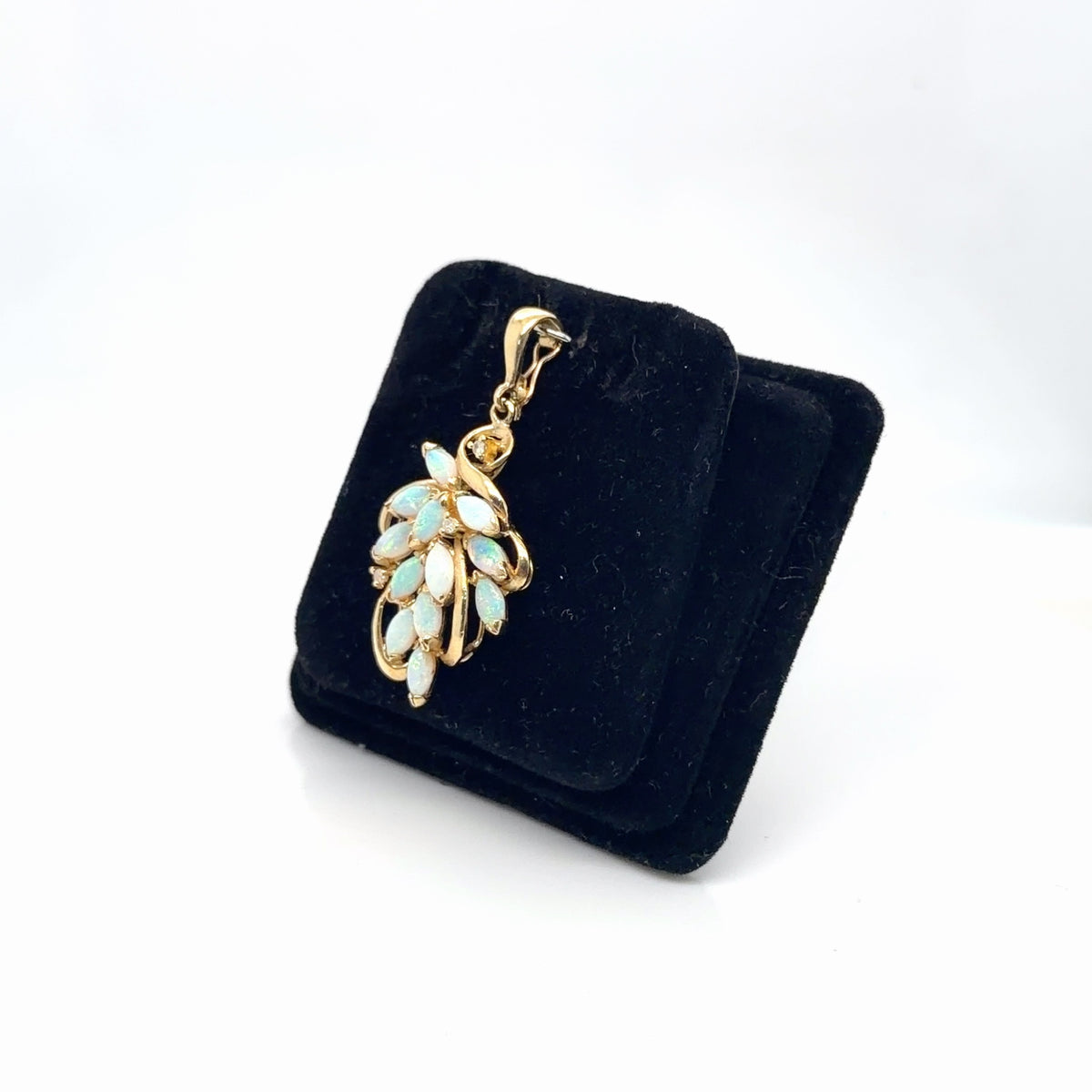 14K Yellow Gold Opal Marquise & Diamond Cluster Leaf Pendant (view 2)