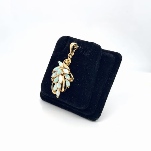 14K Yellow Gold Opal Marquise & Diamond Cluster Leaf Pendant (view 2)