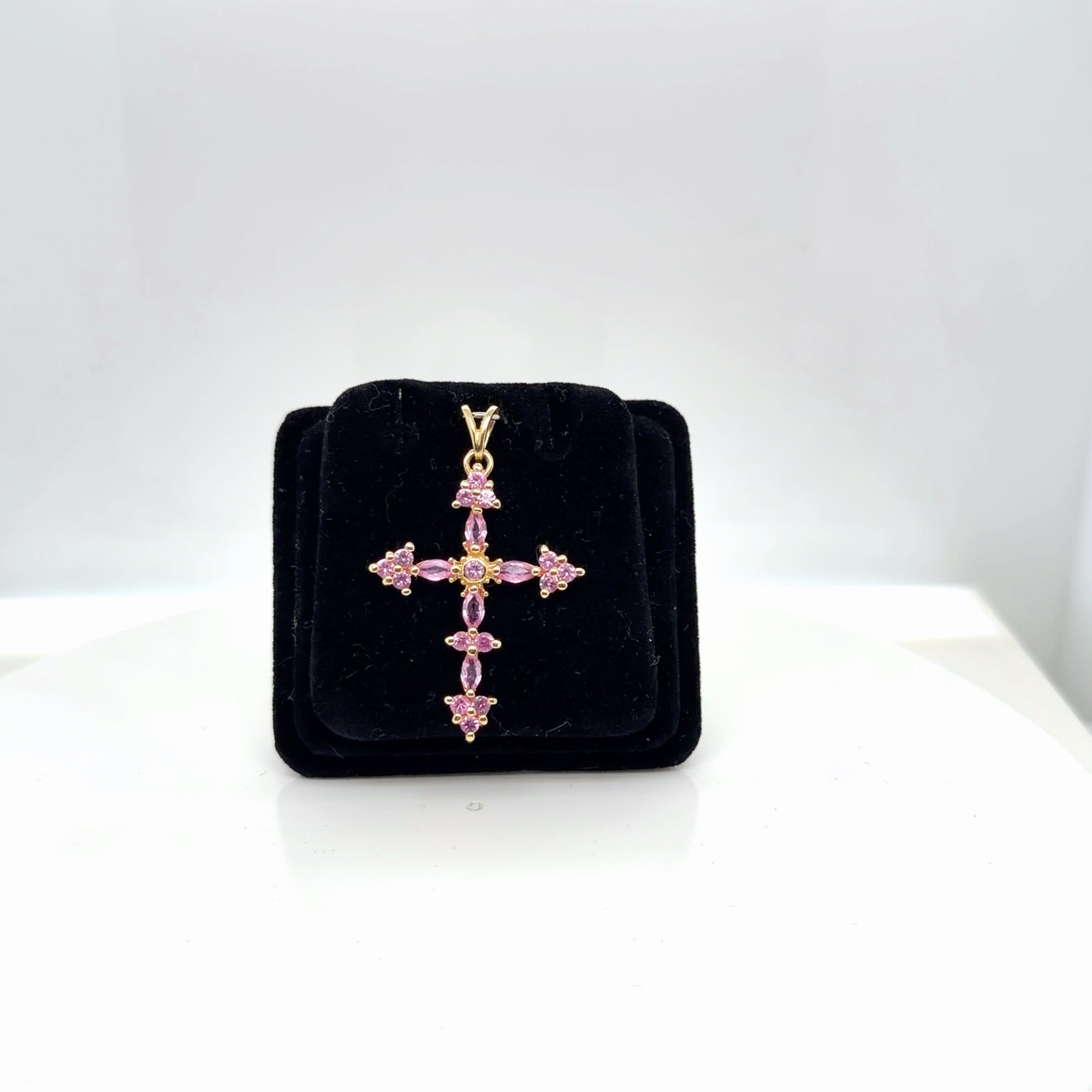 14K Yellow Gold Pink Sapphire Cross Pendant, 1.00 ctw Oval & Round