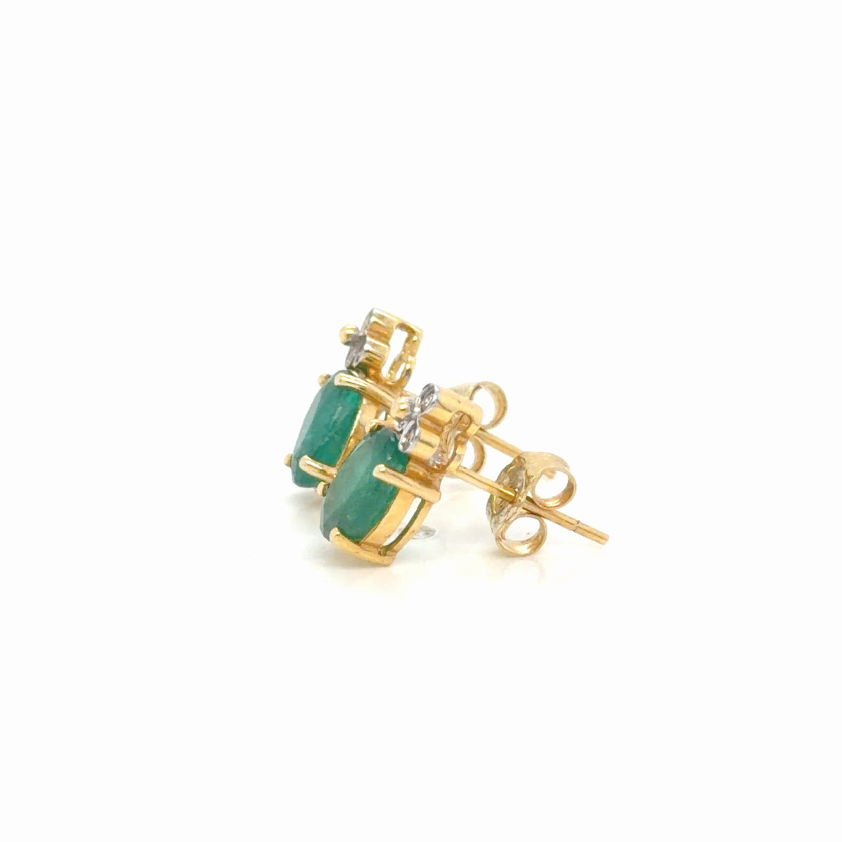 14K Two-Tone Gold Oval Emerald Diamond Stud Earrings 1.32 ctw (view 2)
