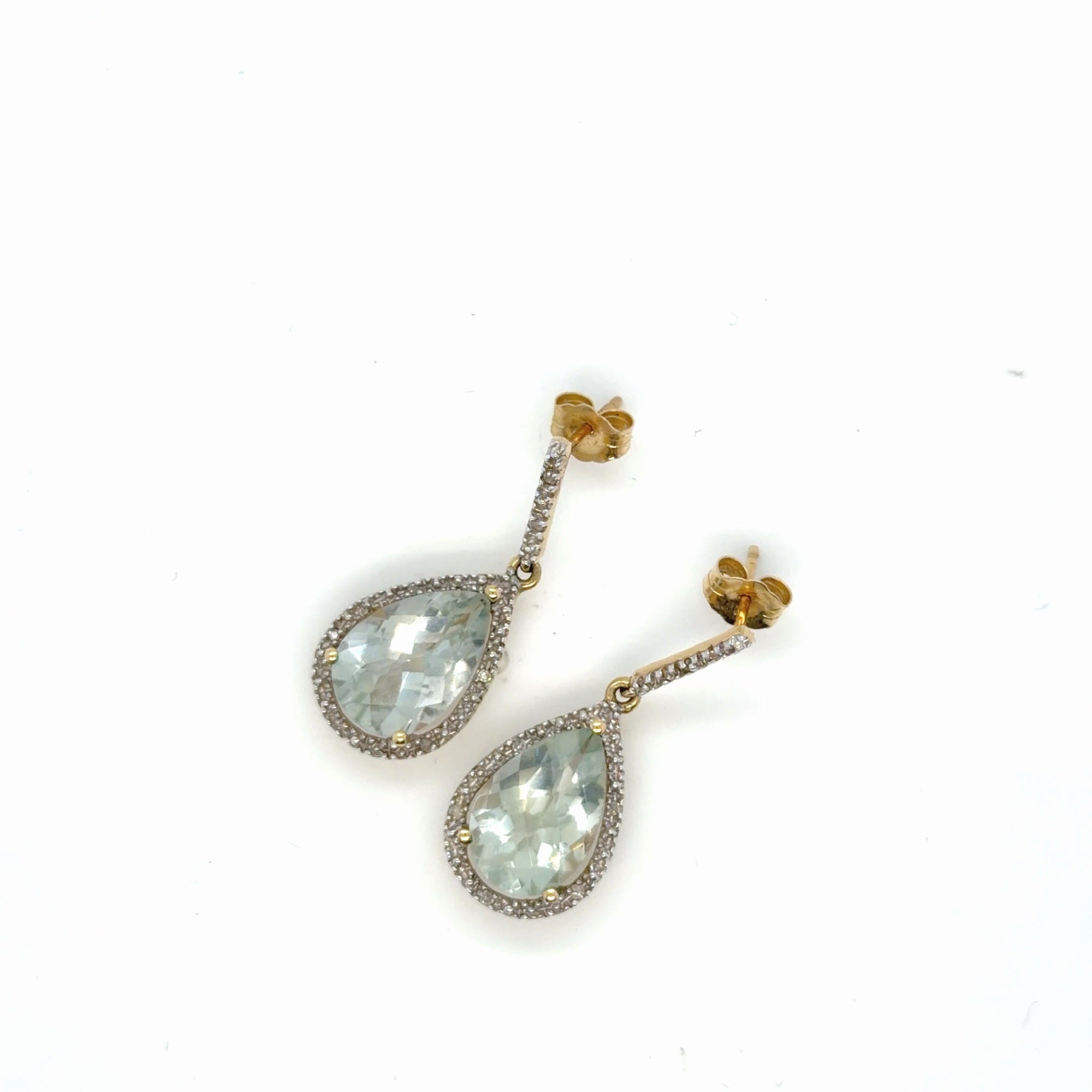 10K Yellow Gold Prasiolite Pear & Diamond Halo Drop Earrings