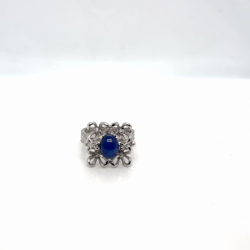 14k White Gold Synthetic Star Sapphire Diamond Cocktail Ring Size 5