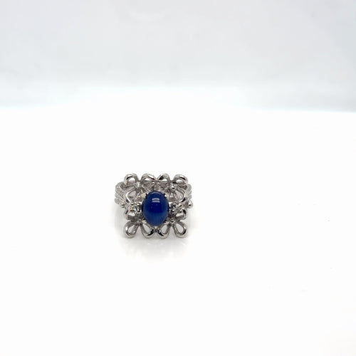 14k White Gold Synthetic Star Sapphire Diamond Cocktail Ring Size 5
