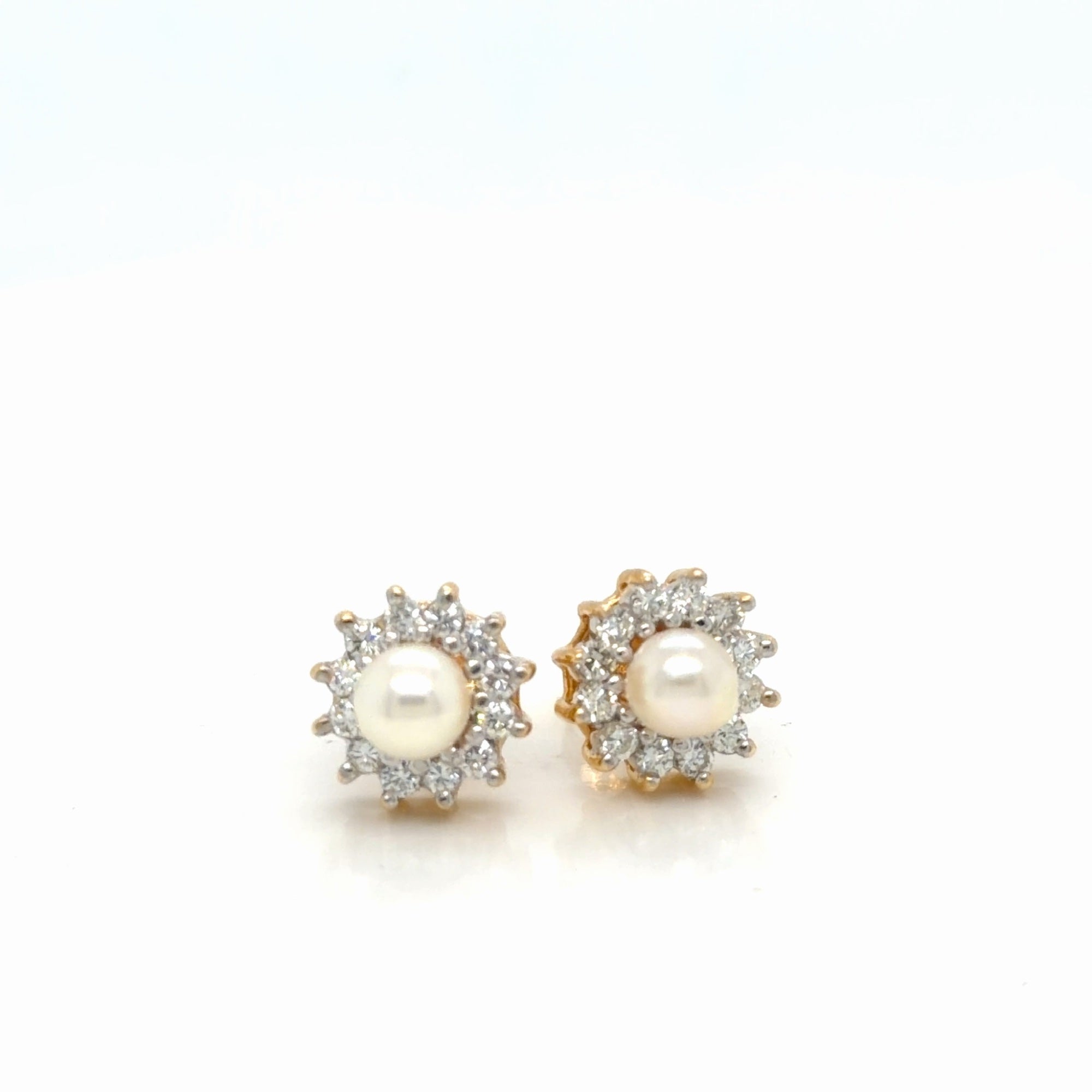 14k Yellow Gold Pearl Diamond Halo Stud Earrings 0.72 ctw Natural