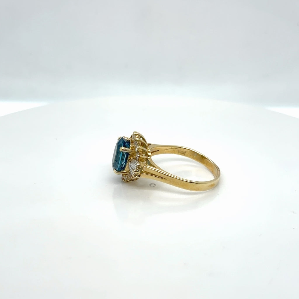 14k Yellow Gold Blue Topaz Oval Diamond Halo Cocktail Ring Size 9.75 (view 2)