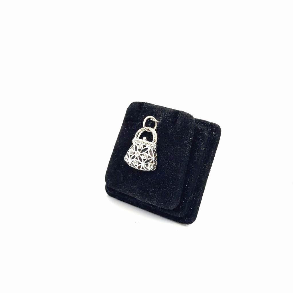 10K White Gold Onyx Diamond Filigree Handbag Charm Pendant, 3.07g (view 3)
