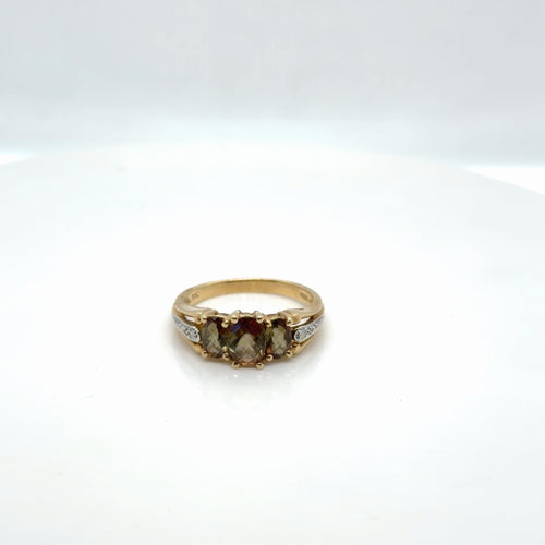 10K Yellow Gold Tourmaline Diamond Cocktail Ring, Three-Stone, Size 8