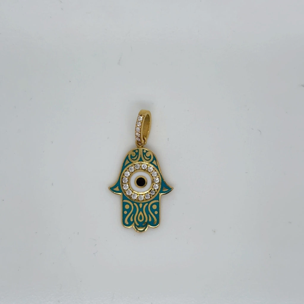 21K Yellow Gold Hamsa Evil Eye Enamel Pendant, Teal Enamel & CZ Accents