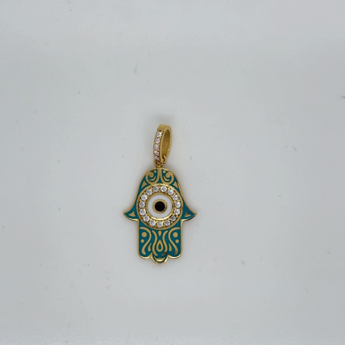 21K Yellow Gold Hamsa Evil Eye Enamel Pendant, Teal Enamel & CZ Accents