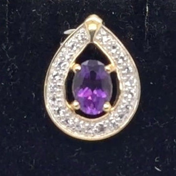 14K Yellow Gold Amethyst Diamond Teardrop Pendant, Natural Stones