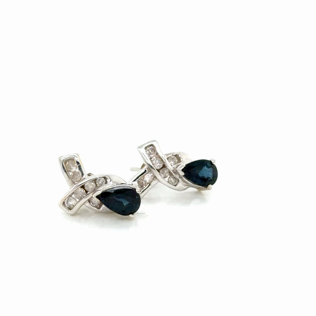 14K White Gold Pear Sapphire Diamond Accent Stud Earrings 1.97g (view 3)