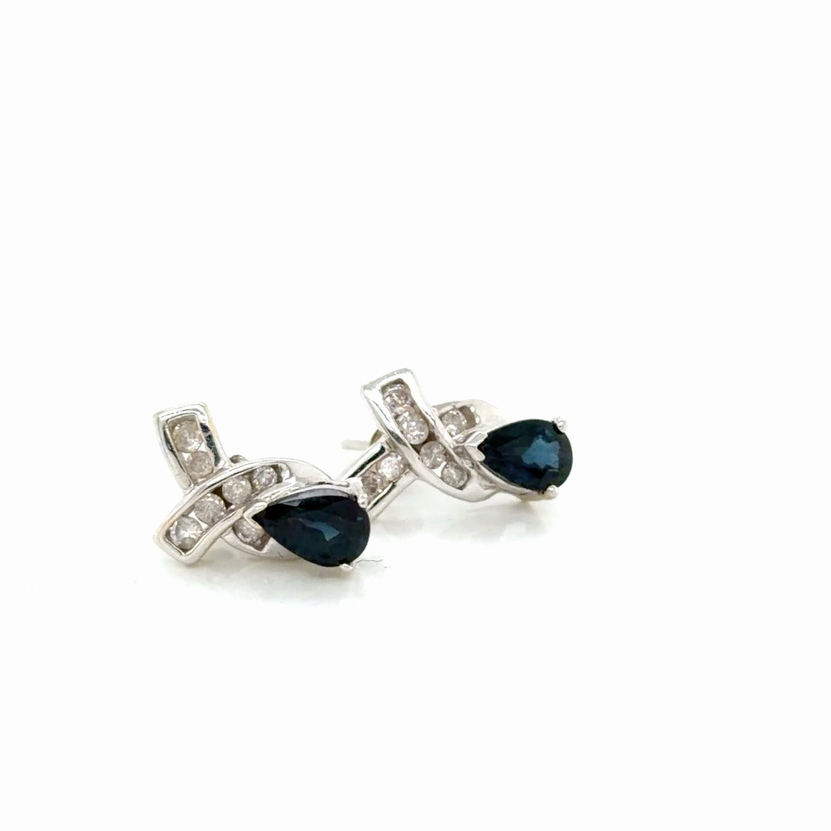 14K White Gold Pear Sapphire Diamond Accent Stud Earrings 1.97g (view 3)