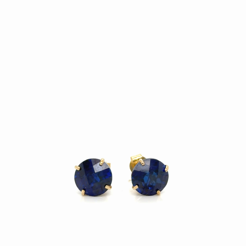 Blue Synthetic Sapphire Stud Earrings 10K Yellow Gold Round 1.6g (view 1)