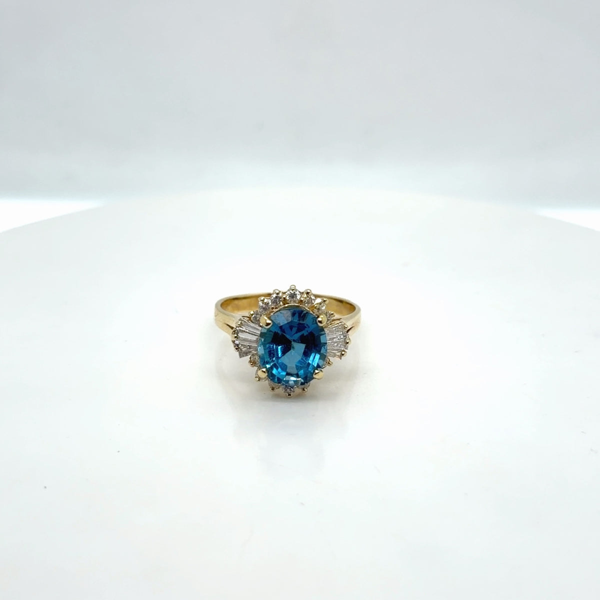 14k Yellow Gold Blue Topaz Oval Diamond Halo Cocktail Ring Size 9.75