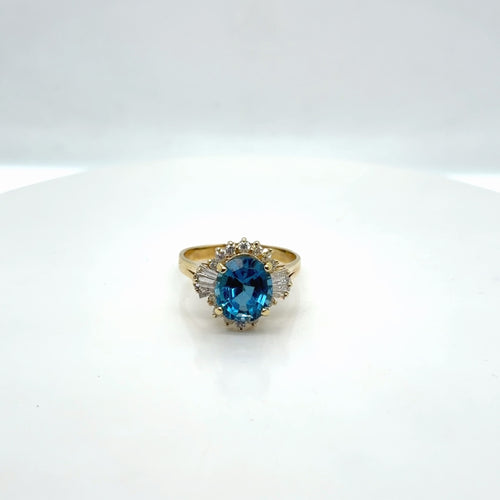 14k Yellow Gold Blue Topaz Oval Diamond Halo Cocktail Ring Size 9.75