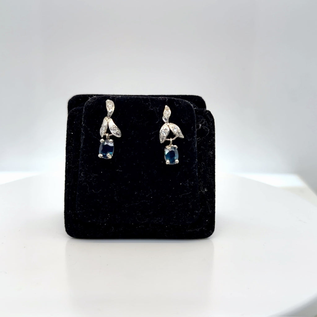 14K White Gold Blue Sapphire Oval & Diamond Drop Earrings 1.93g (view 1)