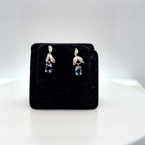 14K White Gold Blue Sapphire Oval & Diamond Drop Earrings 1.93g (view 1)
