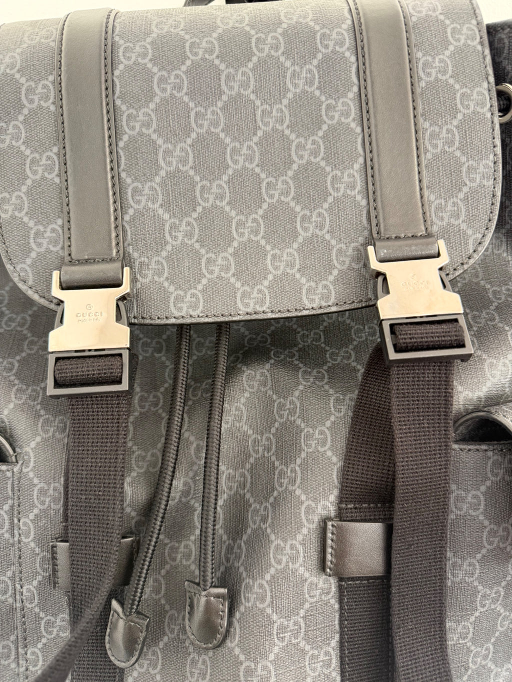 Gucci GG Supreme Large Backpack Black Canvas Silver Hardware Web Straps