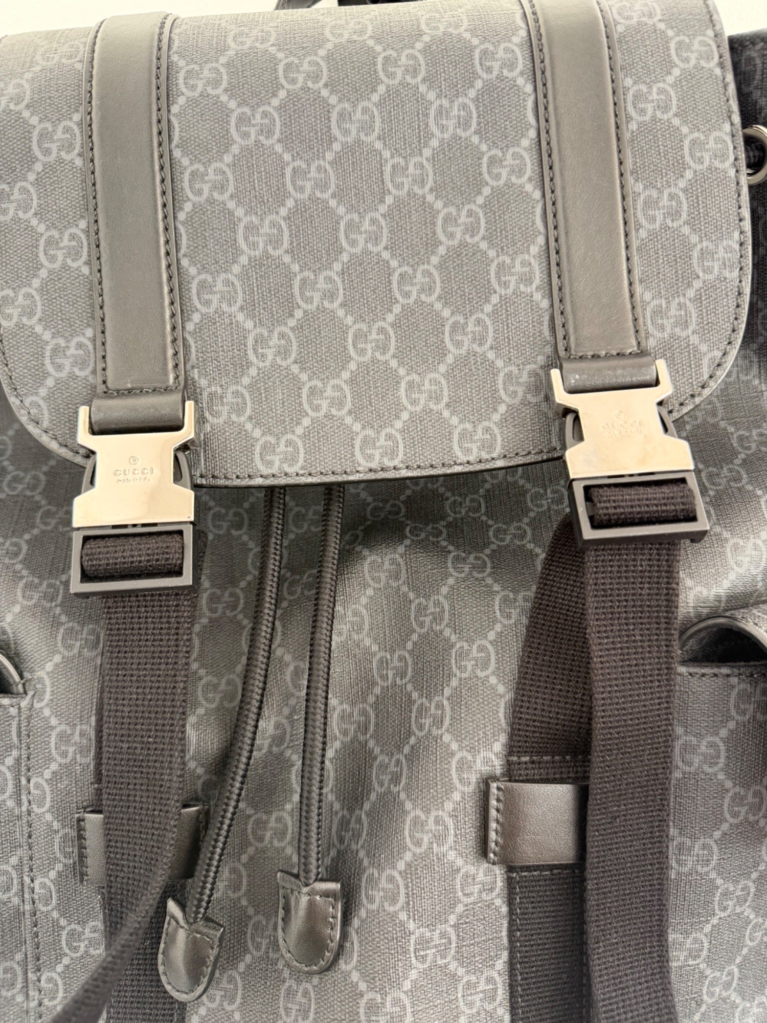 Gucci GG Supreme Large Backpack Black Canvas Silver Hardware Web Straps