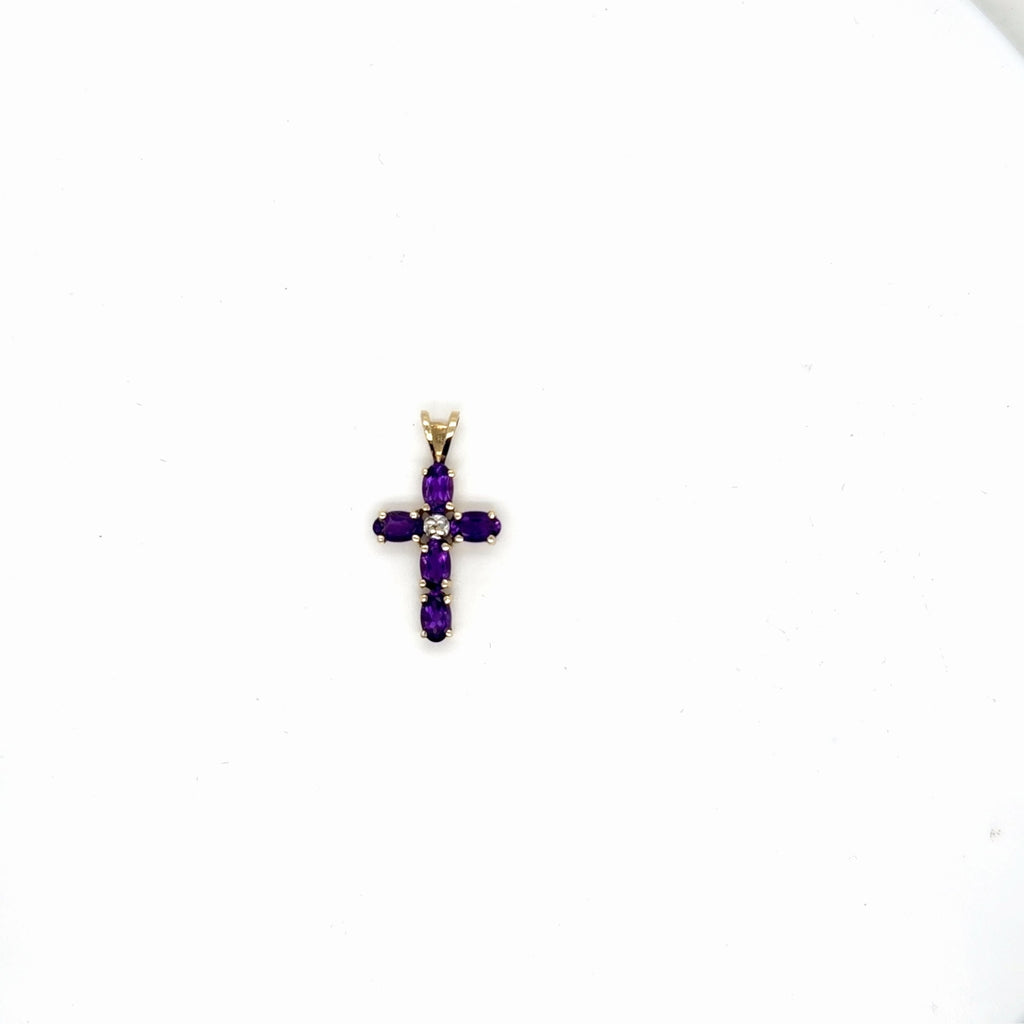 10K Yellow Gold Amethyst Diamond Cross Pendant, 6 Oval Amethysts (view 3)