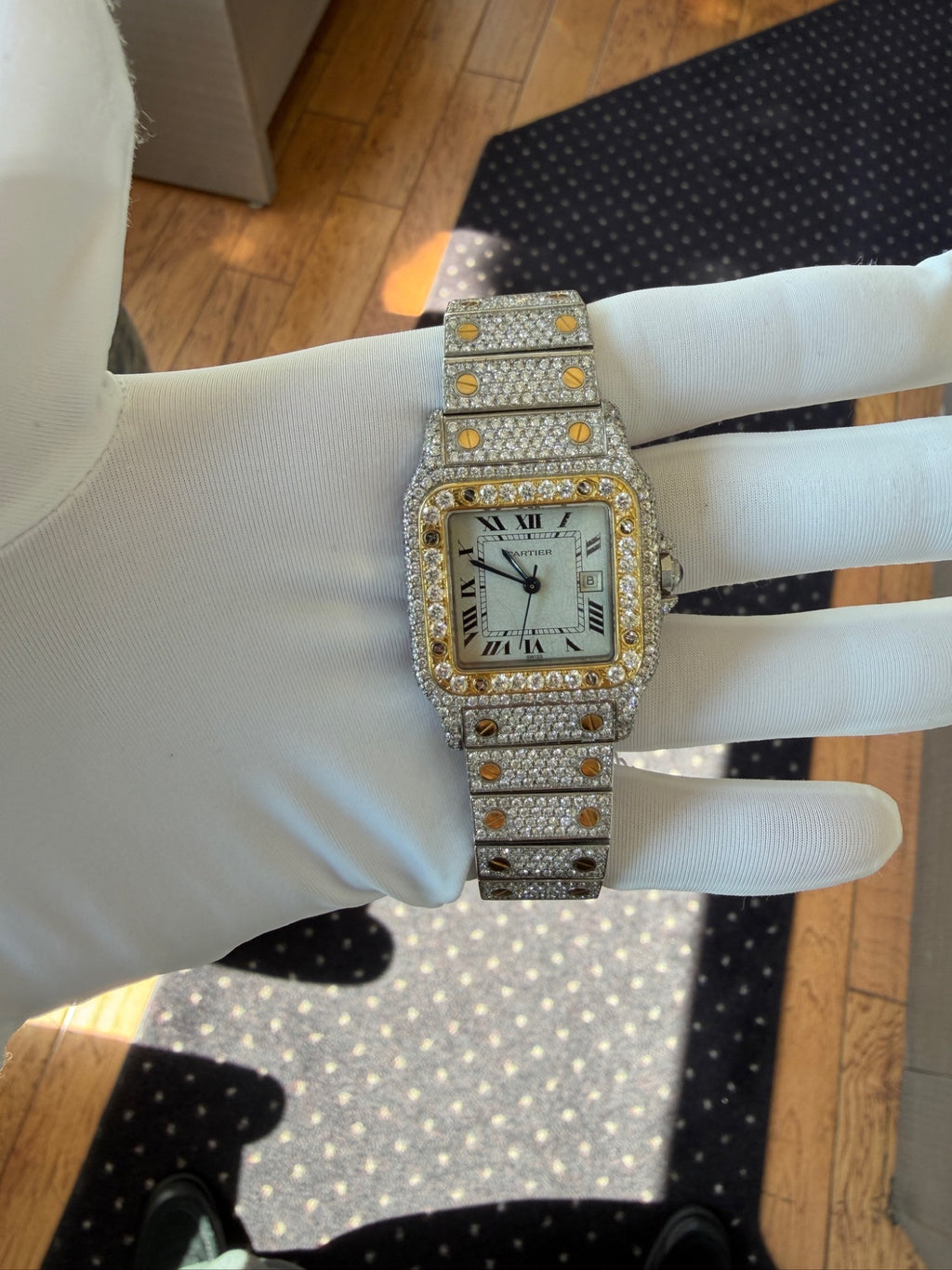 Cartier Santos Galbee Two-Tone Aftermarket Diamond Iced Out Watch (view 13)