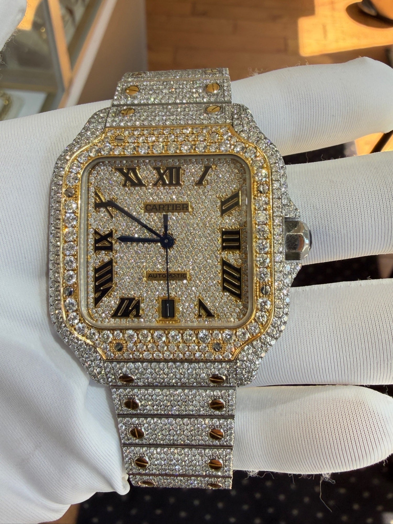 Cartier Santos Automatic Two-Tone Diamond Iced Out Wristwatch