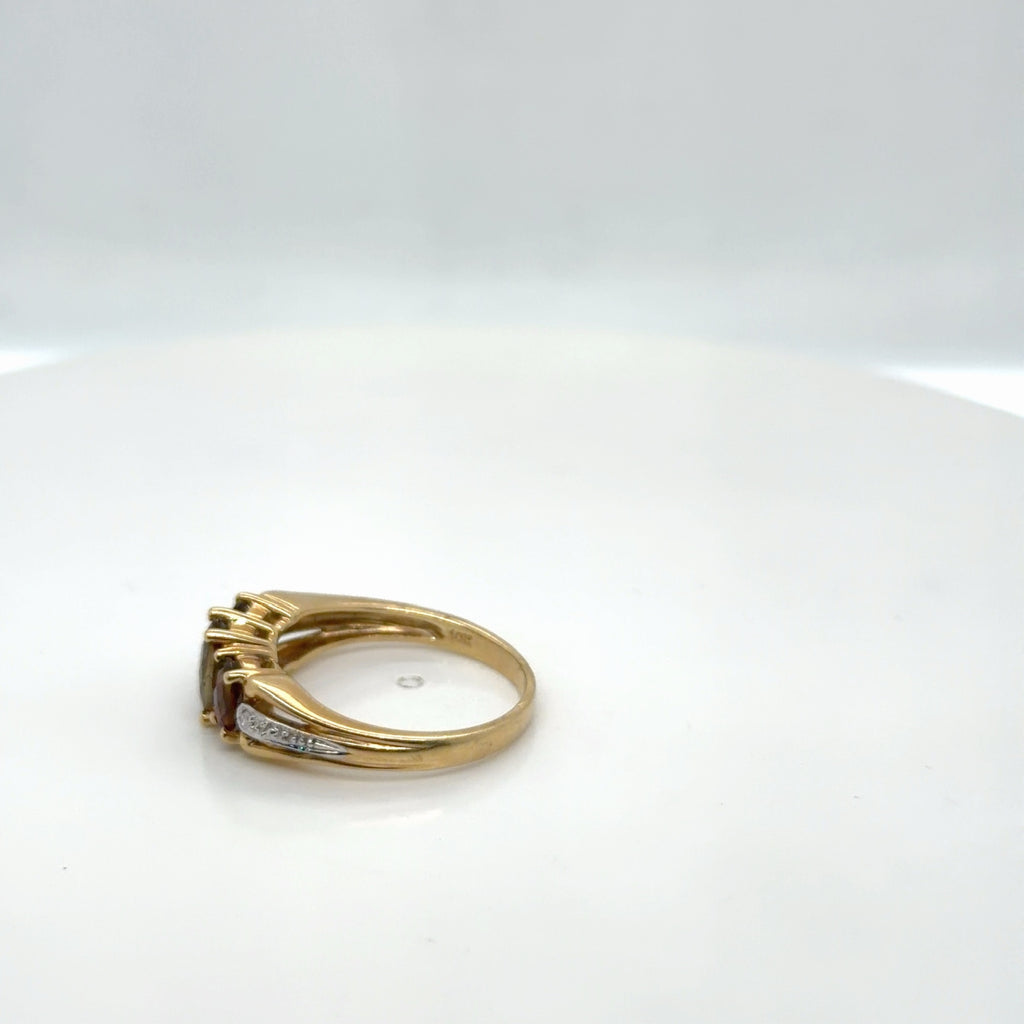 10K Yellow Gold Tourmaline Diamond Cocktail Ring, Three-Stone, Size 8 (view 2)