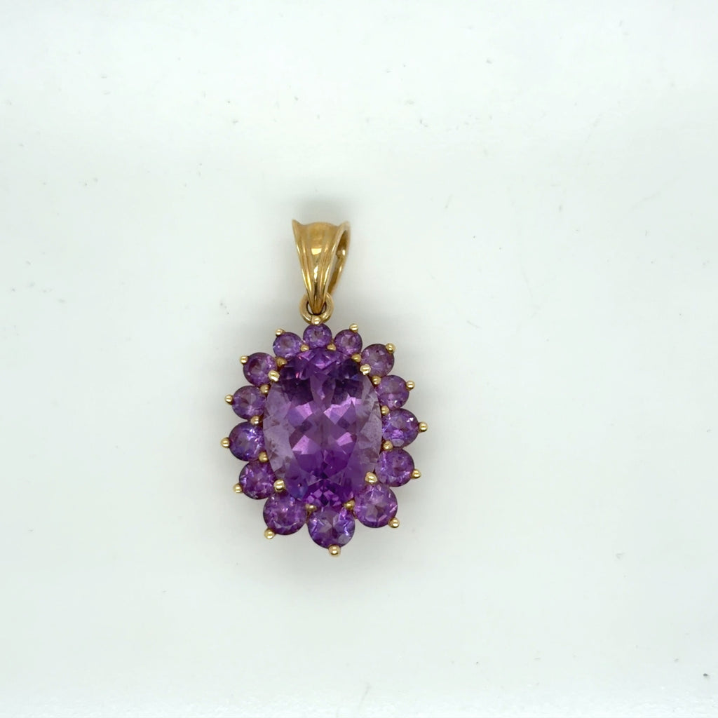 14K Yellow Gold Amethyst Oval Cluster Halo Pendant, 6.98g