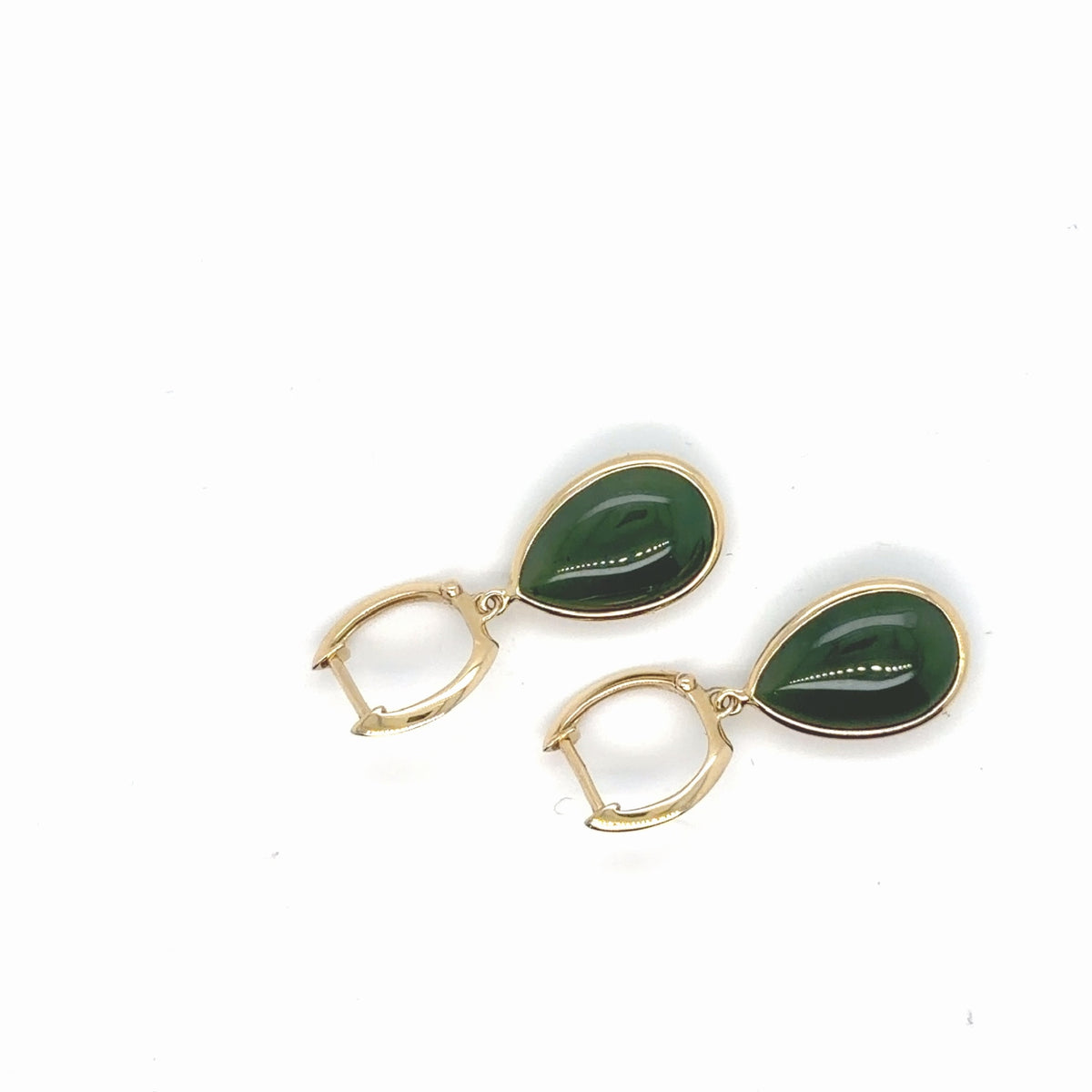 14K Yellow Gold Jade Pear Cabochon Drop Hoop Earrings, 4.05g (view 2)