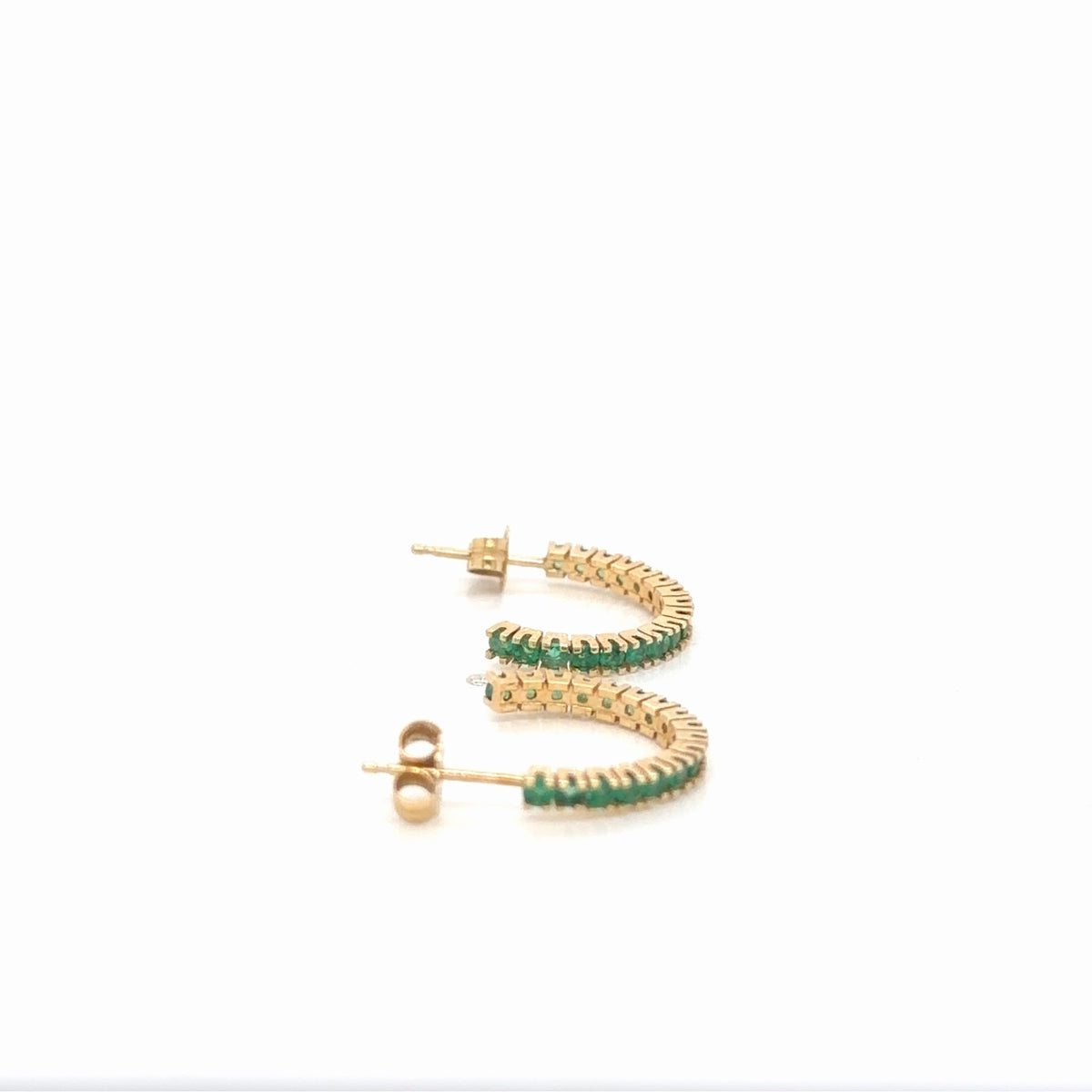 14K Yellow Gold Natural Emerald Hoop Earrings 0.95 Ctw Round Stones (view 3)