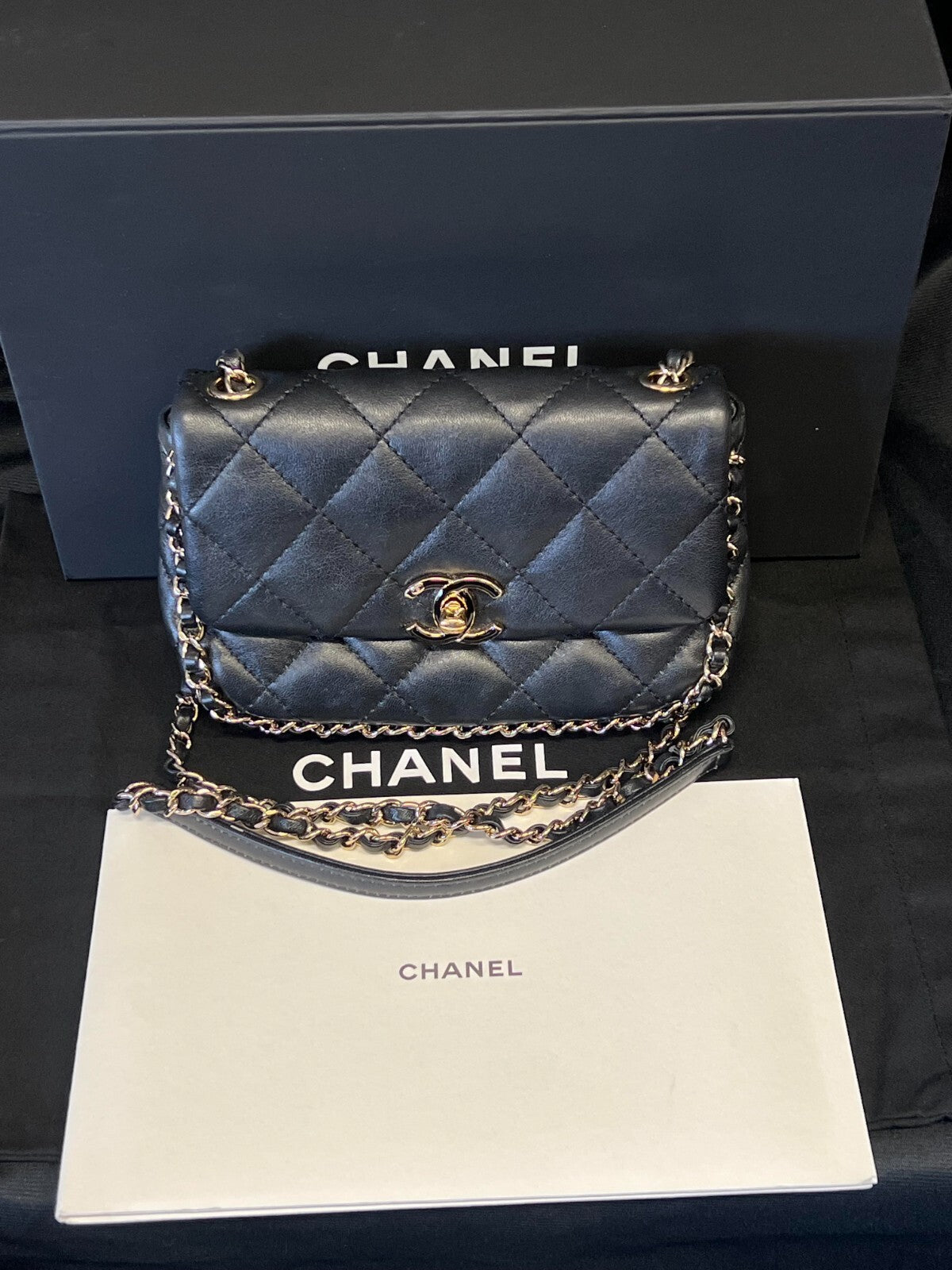 CHANEL CHAIN FRAME FLAP BAG QUILTED BLACK LAMBSKIN CHAIN LINK SHOULDER STRAP — view 2