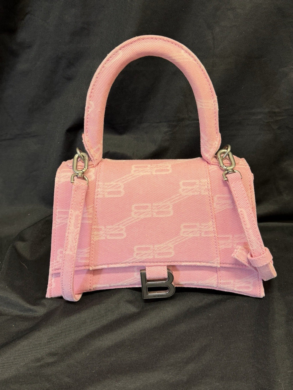 Balenciaga Hourglass Small Handbag BB Monogram Denim Pink Removable Strap (view 1)