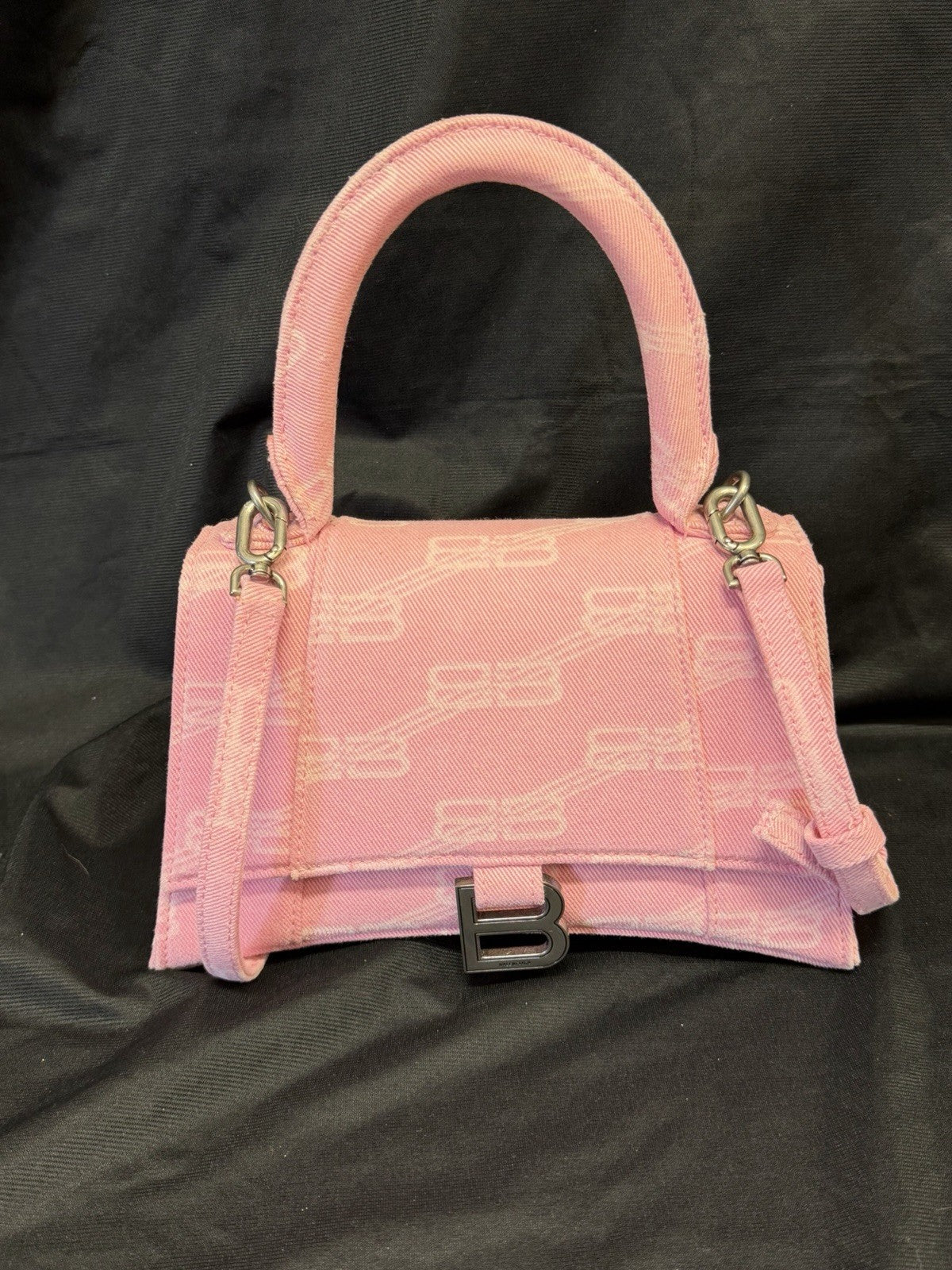 Balenciaga Hourglass Small Handbag BB Monogram Denim Pink Removable Strap (view 1)