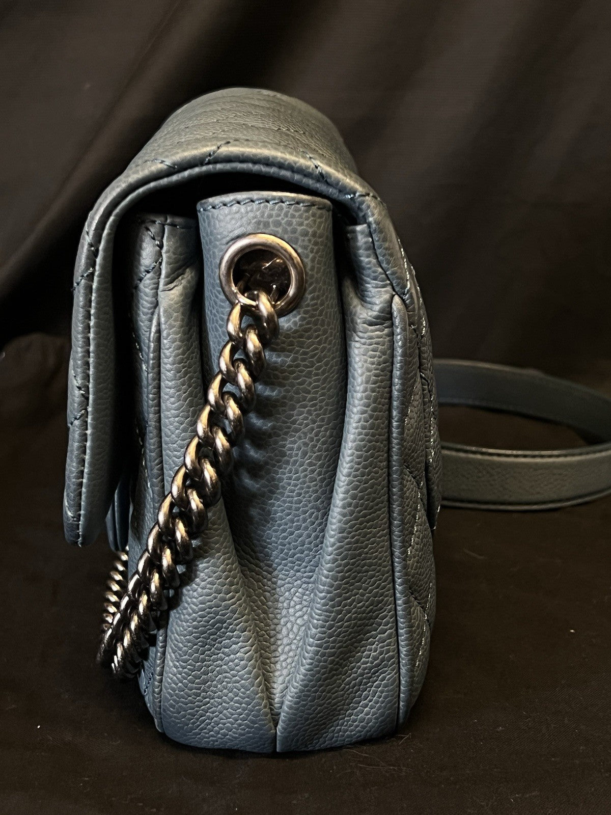 Chanel Small Crossbody Bag Qulted Leather W Chain Strap Blue & Dust Bag (view 2)
