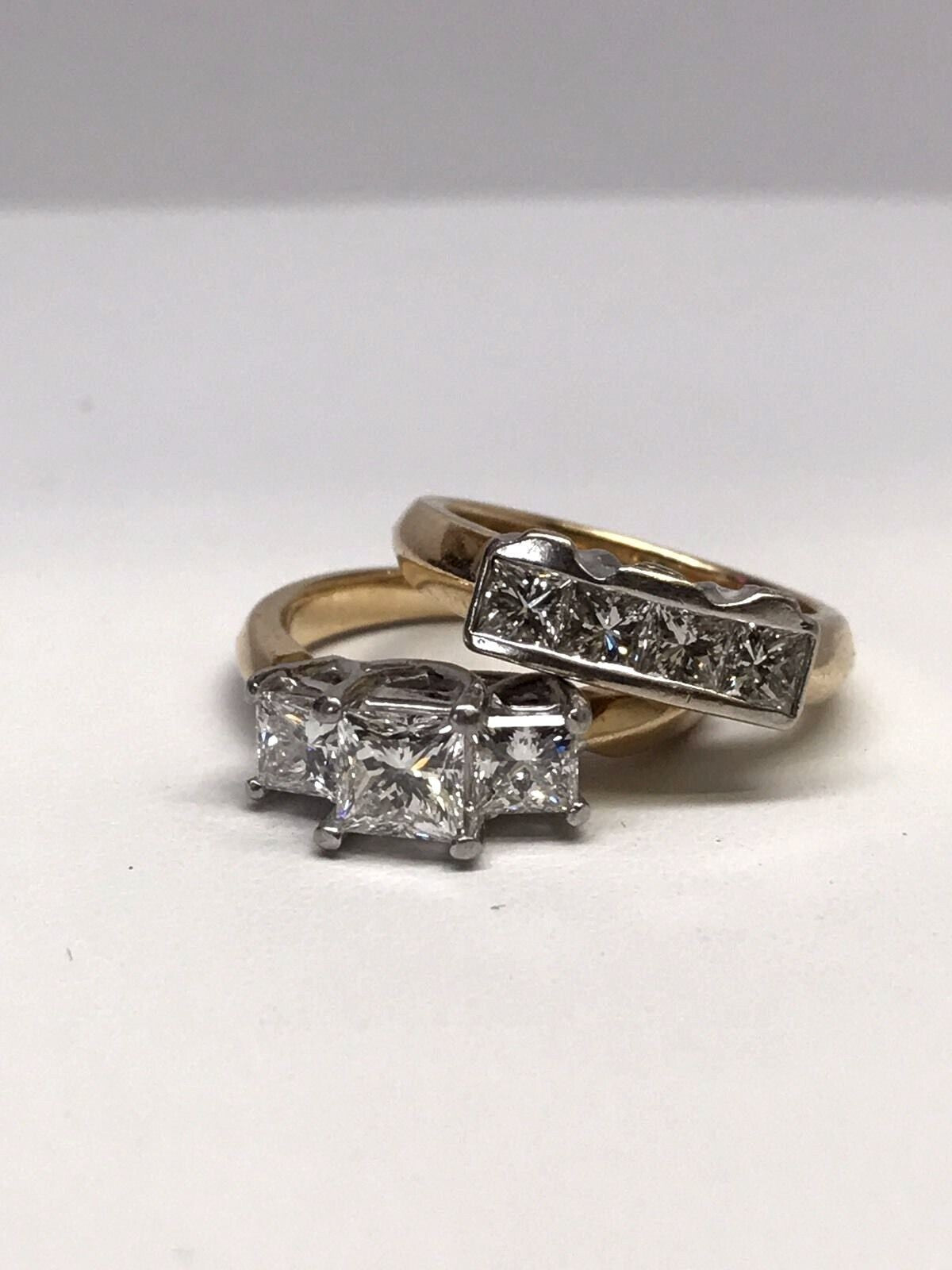 No Brand 2.20tcw Three Stone Diamond Engagement Ring and Wedding Band 17k Gold & Platinum — Certified Authentic | San Diego J