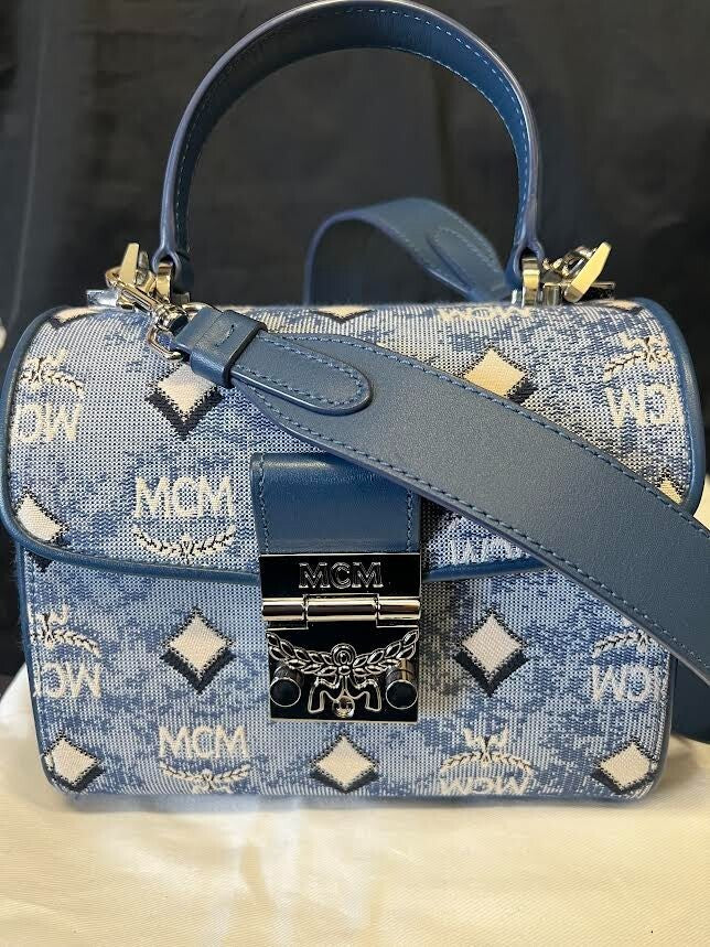 Mcm Small Monogram Jaquard Tracy Crossbody Bag Blue W Removable Adjustable Strap (view 4)