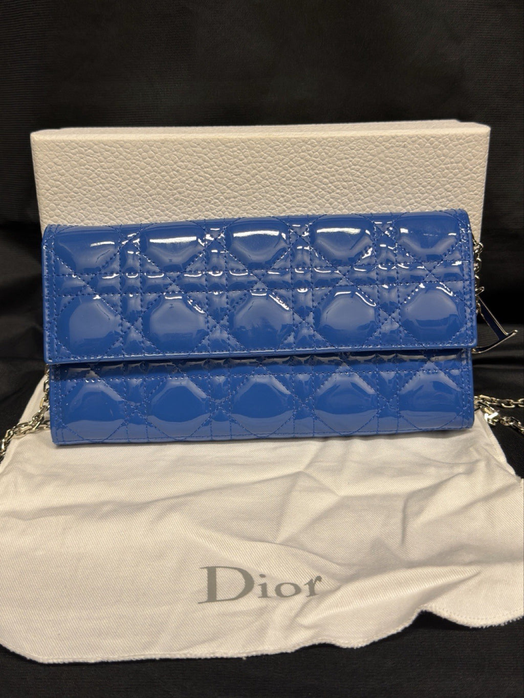 Christian Dior Lady Dior Pouch Wallet on Chain Patent Leather Blue/Silver — Certified Authentic | San Diego Jewelry Buyers