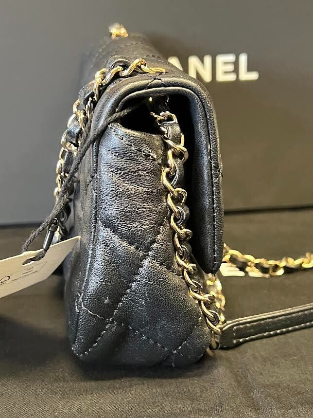 CHANEL CHAIN FRAME FLAP BAG QUILTED BLACK LAMBSKIN CHAIN LINK SHOULDER STRAP — view 5