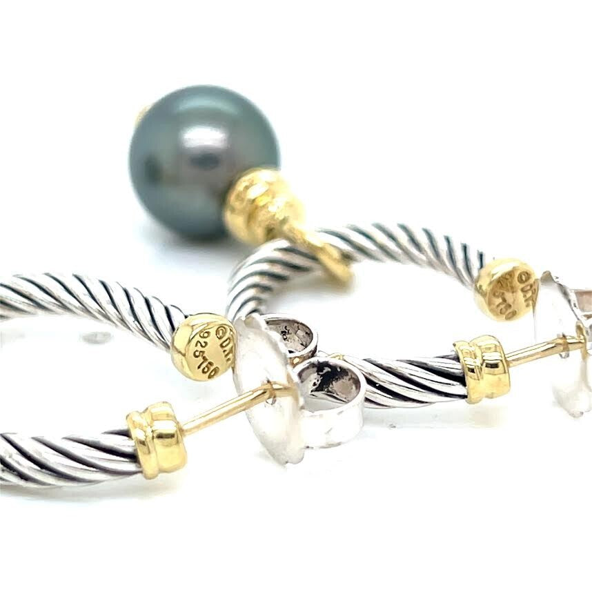 DAVID YURMAN COVERTIBLE DROP HOOP EARRINGS TAHITIAN PEARL SILVER 18K GOLD — view 14