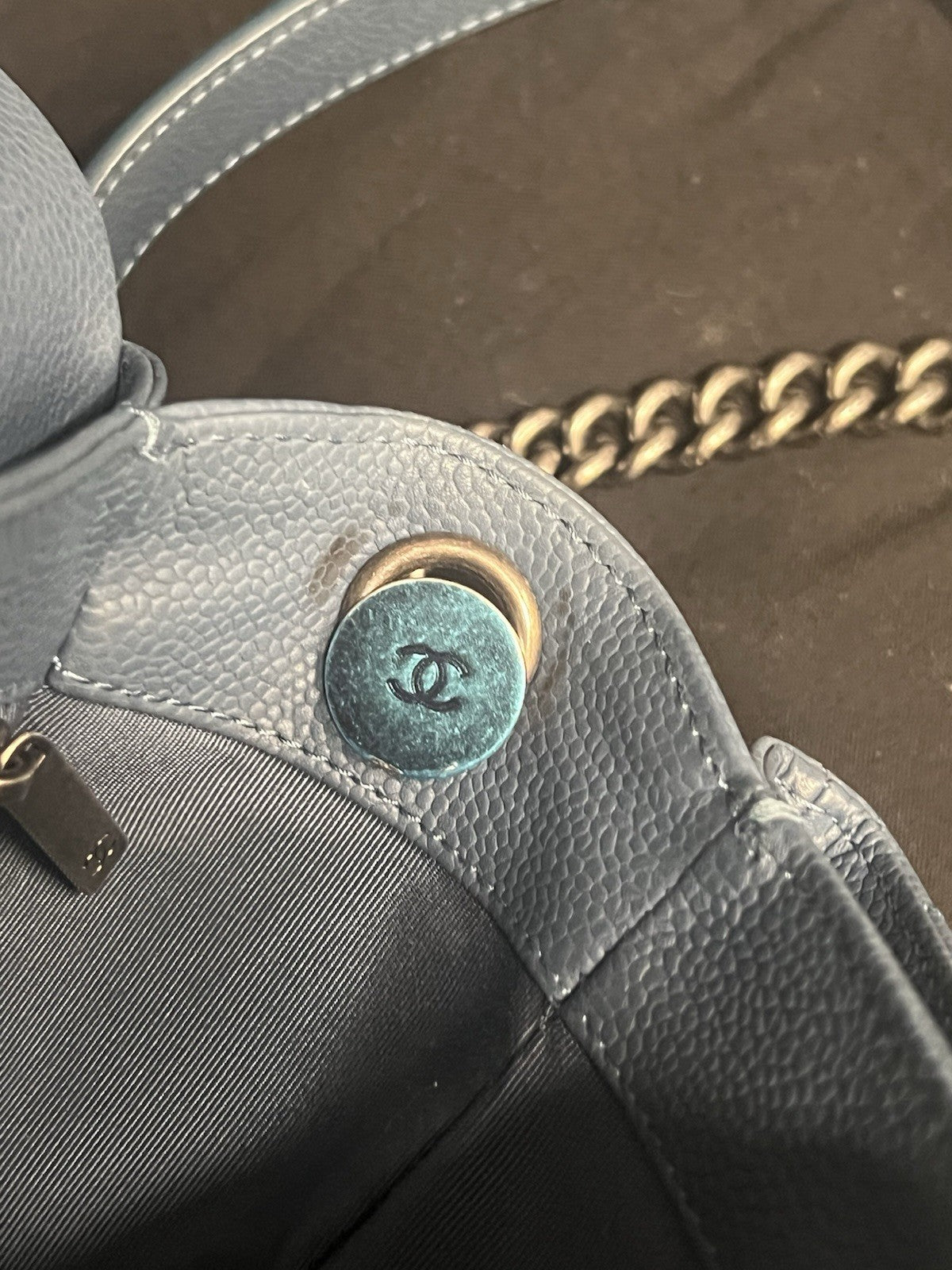 Chanel Small Crossbody Bag Qulted Leather W Chain Strap Blue & Dust Bag (view 15)