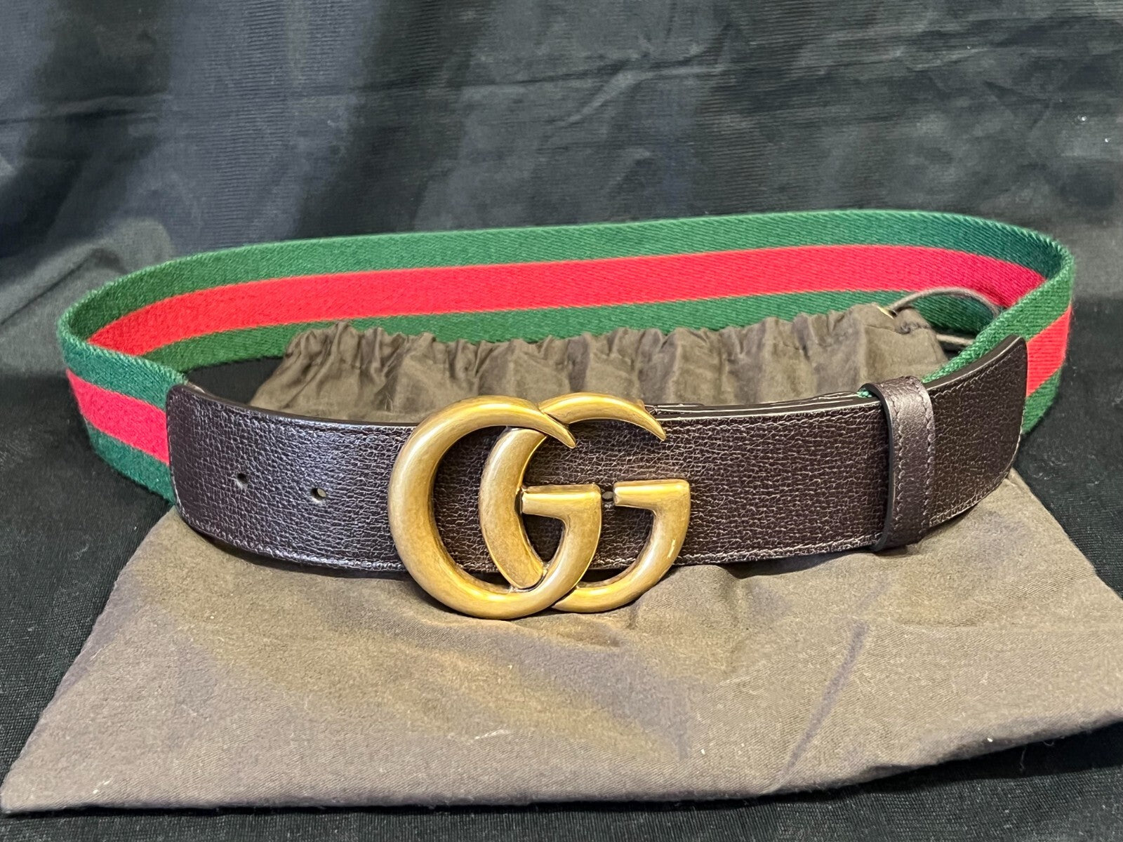 GUCCI BROWN LEATHER WEB DOUBLE G BUCKLE BELT 80cm (FITS 27-31 in)1