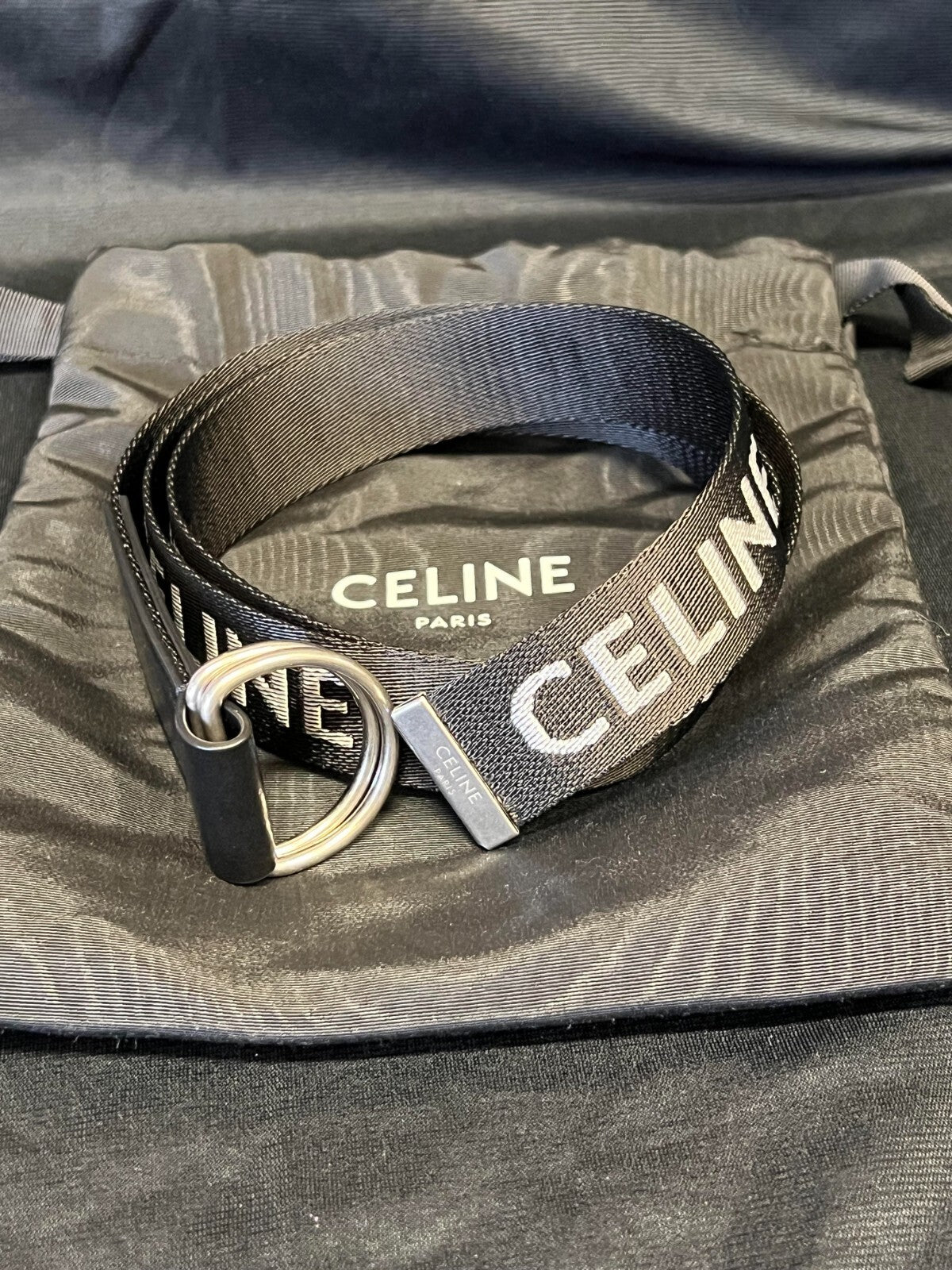 CELINE DOUBLE RING BLACK JAQUARD/CALFSKIN BELT FITS 80-100cm3