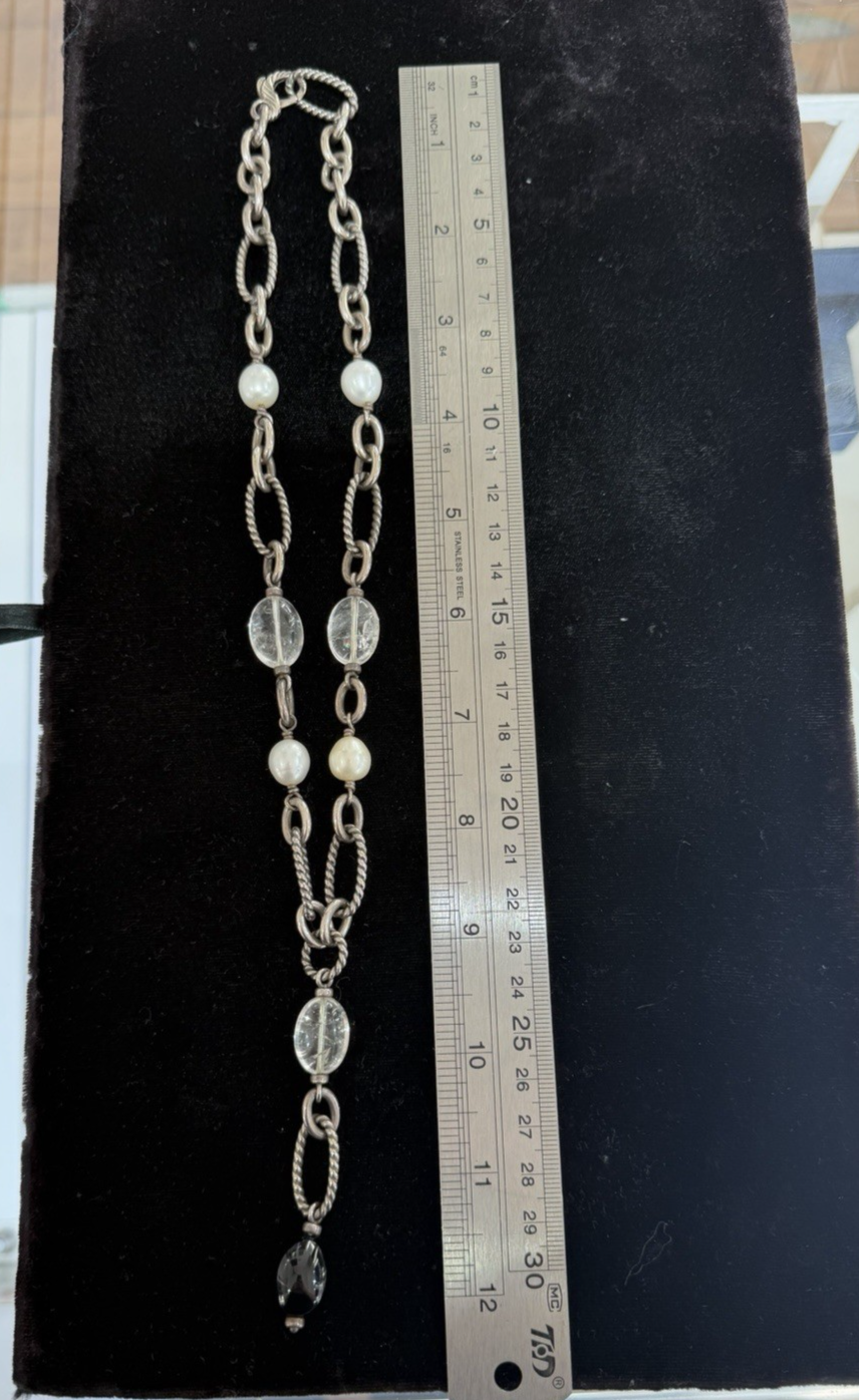 David Yurman Sterling Silver Pearl Onxy Chain Lariat Necklace 16 in/2.5 in drop — view 4