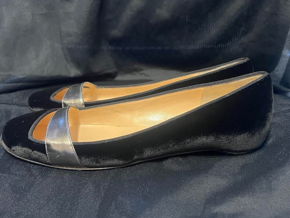 Christian Louboutin Black Velvet Ballerina Flats W Silver Metallic Accent (view 3)