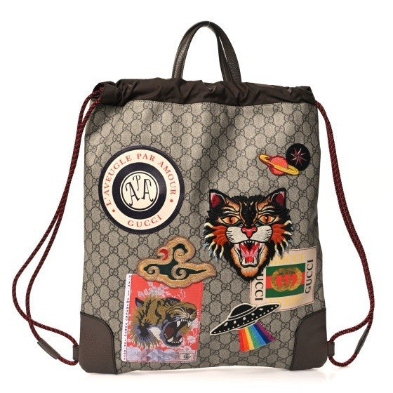 GUCCI SOFT GG SUPREME MONOGRAM DRAWSTRING BACKPACK EMBROIDERED PATCHES — Certified Authentic | San Diego Jewelry Buyers