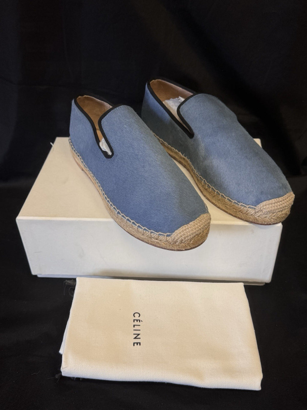 CELINE PLUMBEO ESPADRILLE 335009 SIZE US 8/ EU 38 BLUE PONY-HAIR LOAFERS0