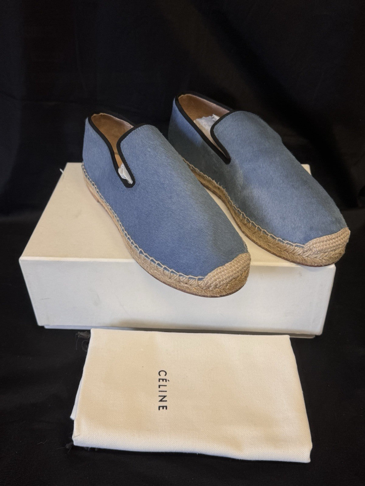 CELINE PLUMBEO ESPADRILLE 335009 SIZE US 8/ EU 38 BLUE PONY-HAIR LOAFERS0