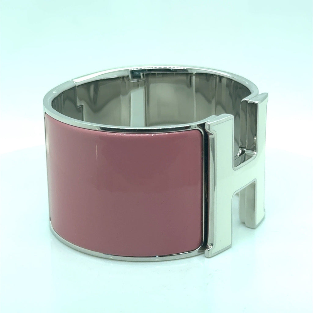 Hermes Extra Wide Pink and White Clic Clac H Bracelet Size PM (view 2)