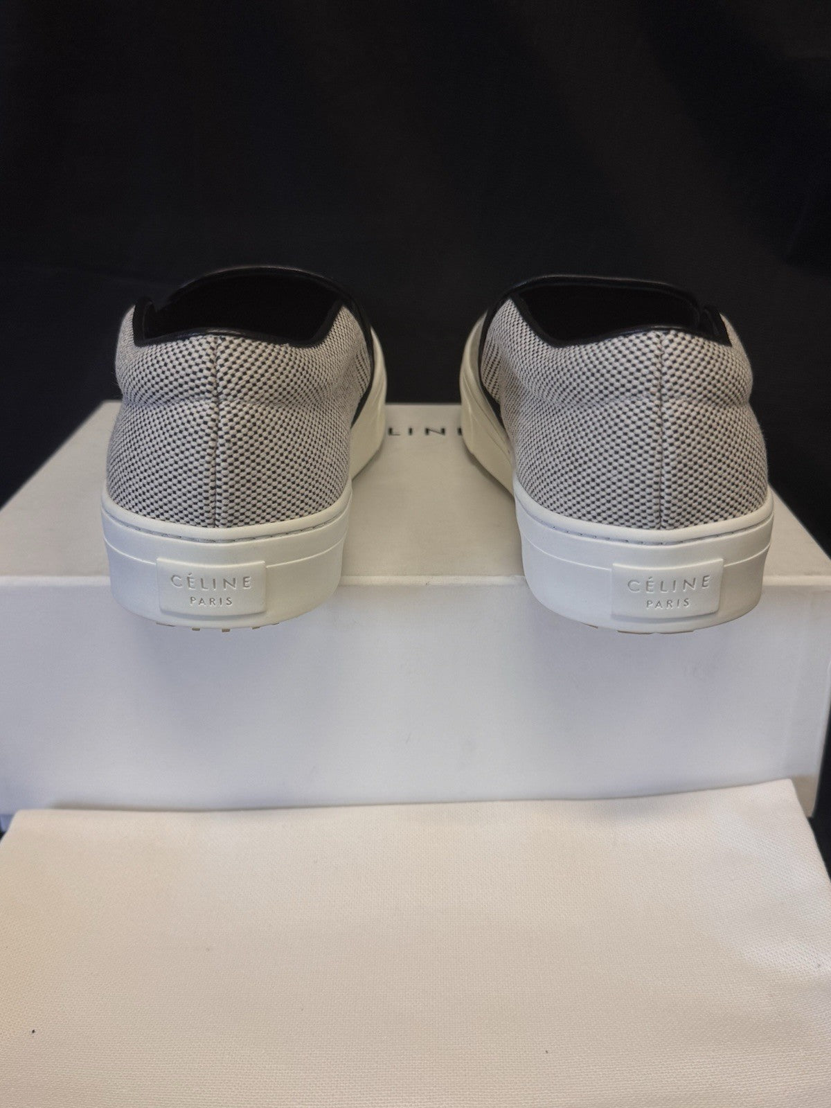 CELINE NAPPA BLACK & WHITE SLIP-ON SNEAKERS 345131 SIZE US 8.5 / EU 38.54