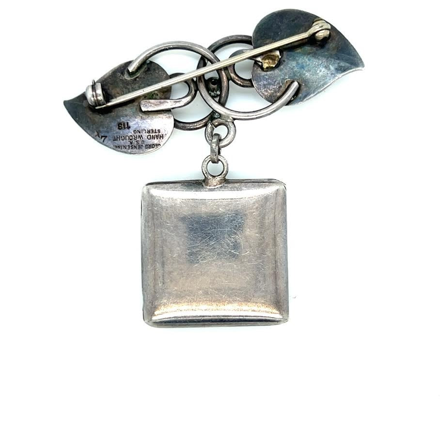 GEORG JENSEN STERLING SILVER HAND WROUGHT LEAF DANGLE LOCKET BROOCH PIN #113 — view 3